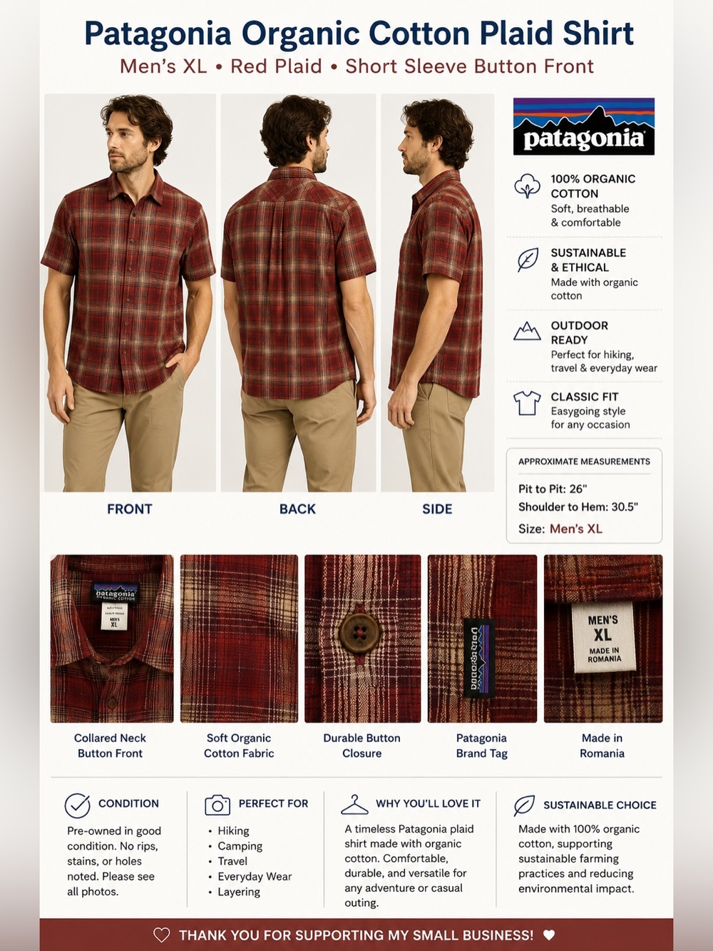 Patagonia Organic Cotton Plaid Button Front Shirt Men's XL Red Short Sleeve